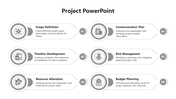 Six project stages in grayscale scope definition, timeline development, resource allocation, communication, risk, budget.