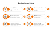 Project PowerPoint slide with six sections from scope definition to budget planning with icons and text descriptions.