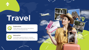 Travel themed slide with a woman holding tickets and luggage, surrounded by image of landmarks, waterfalls, and scenic views.