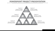 Gray-themed pyramid layout with captions and icons, symbolizing six steps or components of a project presentation.