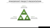 Triangular green project presentation template with icons and captions.