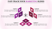 Colorful marketing slide with six sections labeled with icons for different marketing concepts, each with space for captions.