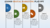 Digital marketing plan template with five vertical panels, colorful circles and icons placed in a white background.