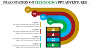 Technology themed flowchart with four curved steps in yellow, red, blue, and green, numbered 01 to 04, aligned with icons.