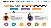 Business themed slide with toggles, a progress line, and captions paired with characters and interactive circular icons.