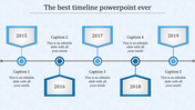 Timeline design featuring five blue pentagonal shapes for 2015 to 2019, with captions and connecting circles.