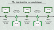 A timeline slide showcasing the years 2015, 2016, 2017, 2018, and 2019, with captions for each year.