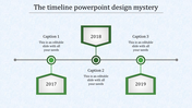 Green hexagon timeline showing 2017, 2018, and 2019 with captions areas placed in a white background.