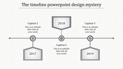 Gray themed timeline featuring three milestones with circular markers and hexagonal labels for each year.