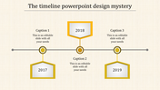 Yellow timeline with hexagons for years 2017, 2018, and 2019 with captions areas placed in a white background.