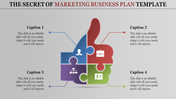 PowerPoint template for a marketing business plan with a colorful puzzle design and four caption sections and icons.