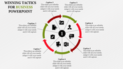 Circular diagram slide with seven sections for business tactics with icons and captions.