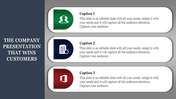 Company slide with three white banners containing icons user profile, building gear, and red application logo.