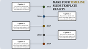 Timeline slide with five years 2015 to 2019, connected circles, and caption boxes alternately aligned on a gray background.