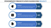 PowerPoint presentation slide with numbered icons for project management a brain, server, and document with captions.