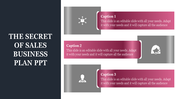Sales business plan slide featuring icons related to business strategy, communication, and teamwork, and captions.