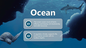 Ocean ppt with shark, turtle, deep blue sea, circular shapes, bold heading, and gray text holders.