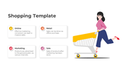 Shopping-themed slide with four description cards and an image of a woman running while pushing a shopping cart.
