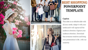 Shopping PowerPoint template featuring images of a woman with flowers and a group of people with shopping bags.