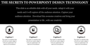 Black themed header with white text, four gray circular icons evenly spaced below, each labeled with captions.