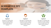 Customer support template showing a female representative with a headset and three placeholder text below.
