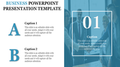 Business themed slide with editable captions labeled A and B, and a photo of a group meeting in a framed layout.