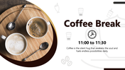 Coffee break ppt with cups, spoons, clock, bold title, brown theme, bean icons, curved shapes, and clean layout.