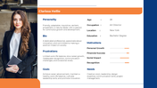 Profile-style portfolio PPT featuring a business portrait with editable fields for motivation, goals, and background.