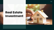 Real Estate Investment slides with house model, coin stacks, charts, financial graphs, text boxes and dark green layout.