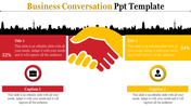 Business conversation PowerPoint slide featuring handshake graphics, titles with percentages, and text sections.