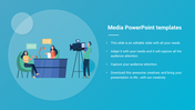 Illustration of a media interview setup with two speakers and a cameraman, next to a text box with editable bullet points.