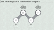 Timeline PowerPoint template with years 2016 to 2019, featuring various icons for each year with placeholder text.
