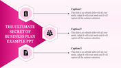 Business plan example PowerPoint template with hexagonal icons for topics with captions on a pink backdrop.