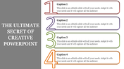 PowerPoint template featuring colorful boxes with text captions labeled 1 to 4 for a creative presentation.