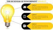 Golden lightbulb on the left with three horizontal black and yellow text boxes, each containing icons and captions.