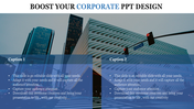 Corporate PowerPoint design template with a city skyline and text options with two caption boxes.
