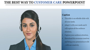 Customer care slide featuring a woman with a headset on the left and a blue caption text box on the right.