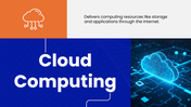 Cloud Computing blue and orange slides with cloud graphics, service models chart, architecture diagram, and tech icons.