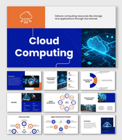 Cloud Computing blue and orange slides with cloud graphics, service models chart, architecture diagram, and tech icons.