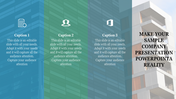 PowerPoint slide for a company presentation with sections and professional icons.