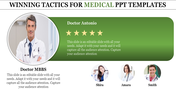 Medical slide featuring a doctor in a circular frame, a green section with stars, and three team member images below.