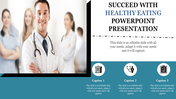 Healthy eating slide featuring a smiling male doctor in a lab coat with two blurred medical professionals in the background.