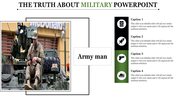 Military themed slide with a soldier sitting on a vehicle, with four icons and captions listed on a black and green sidebar.