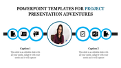 Woman in purple shirt with a template header, featuring six icons with captions for project presentation slides.