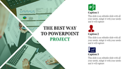Project PPT slide showing charts, a person working on a laptop, and icons representing progress, business, and analytics.