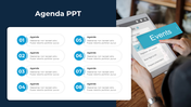 A PowerPoint slide showing an agenda with numbered items and a tablet displaying events and tasks on the side.