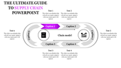 Slide with two circular icons, six gray arrows, and captions arranged in an oval layout, with one is highlighted in purple.