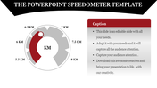 Circular speedometer design with a red progress arc from 5.5 to 6.5 KM, and a gray caption box for customizable text content.