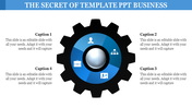 Black gear business graphic with a blue gradient center, featuring icons and surrounded by four captions areas.
