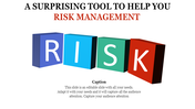 Four 3D blocks spelling risk in different colors, placed under a bold risk management title with a caption areas below.